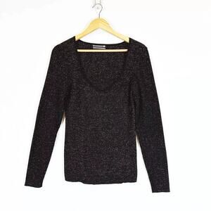Anthropologie Womens Metallic Stretch Knit Sweater Top XL Black/Gold Holiday